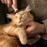 A brown cat is feeling relaxed while his owner is combing her to check fleas